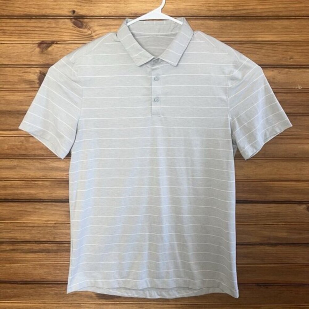 Lululemon Polo Shirt Men‎ Size Small Grey White Stretch Golf Performance Striped